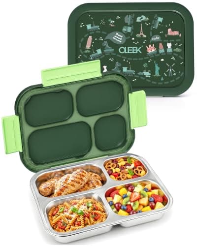 Green OLEEK Premium SteelCore lunch box open with a prepared meal